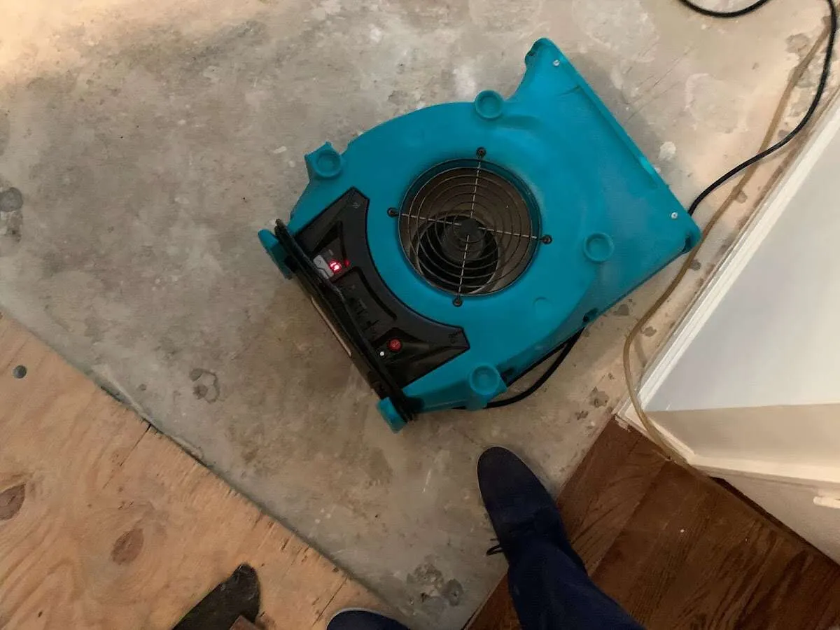 Air mover drying subfloor during Leak Detection & Repair in Rumson